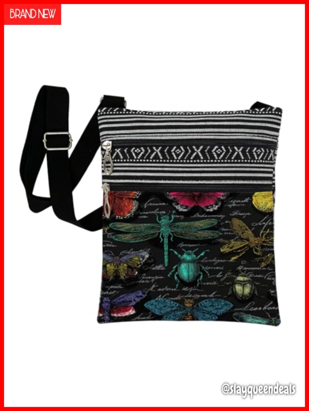 Insects Crossbody Bag Butterflies Beetles Dragonfly Print Adjustable Strap